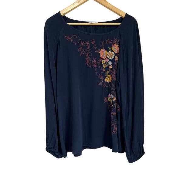 J.Jill Embroidered Floral Blouse L Petite Navy Long Sleeve Boho Artsy Top - Picture 1 of 7